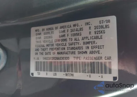 2008 Honda Accord 2.4 Ex-L from USA, damaged, VIN 1HGCS12828A030320